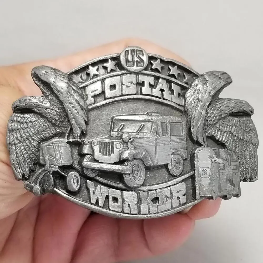 Vintage Belt Buckle 1989 Pewter US‎ Postal Worker Willis Jeep Siskiyou Buckle Co